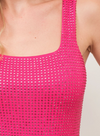 Hot pink rhinestone bodysuit tank with a sleeveless design, sparkling crystal embellishments, and full-coverage bottom for a sleek, seamless look.

