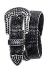 Close-up of a blackr Western-style belt fully covered in rhinestones, including a crystal buckle, loop, and tip.