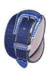 Close-up of a blue Western-style belt fully covered in rhinestones, including a crystal buckle, loop, and tip.