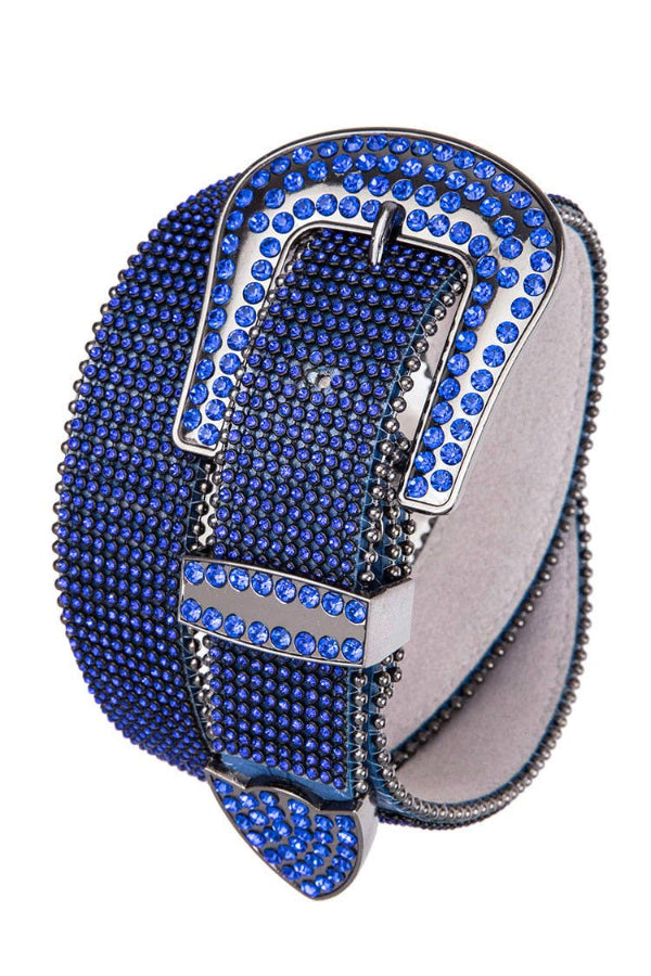 Close-up of a blue Western-style belt fully covered in rhinestones, including a crystal buckle, loop, and tip.