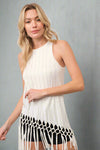 White jersey tank top with rhinestone studded stripes and crochet fringe detail worn by a blonde model against a neutral backdrop.