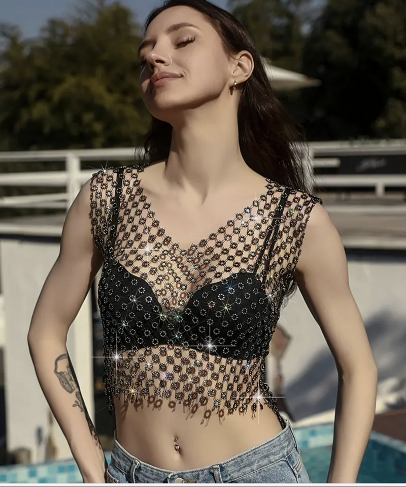 Sparkly Fishnet Crop Daisy Tank Top