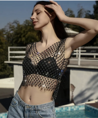 Sparkly Fishnet Crop Daisy Tank Top