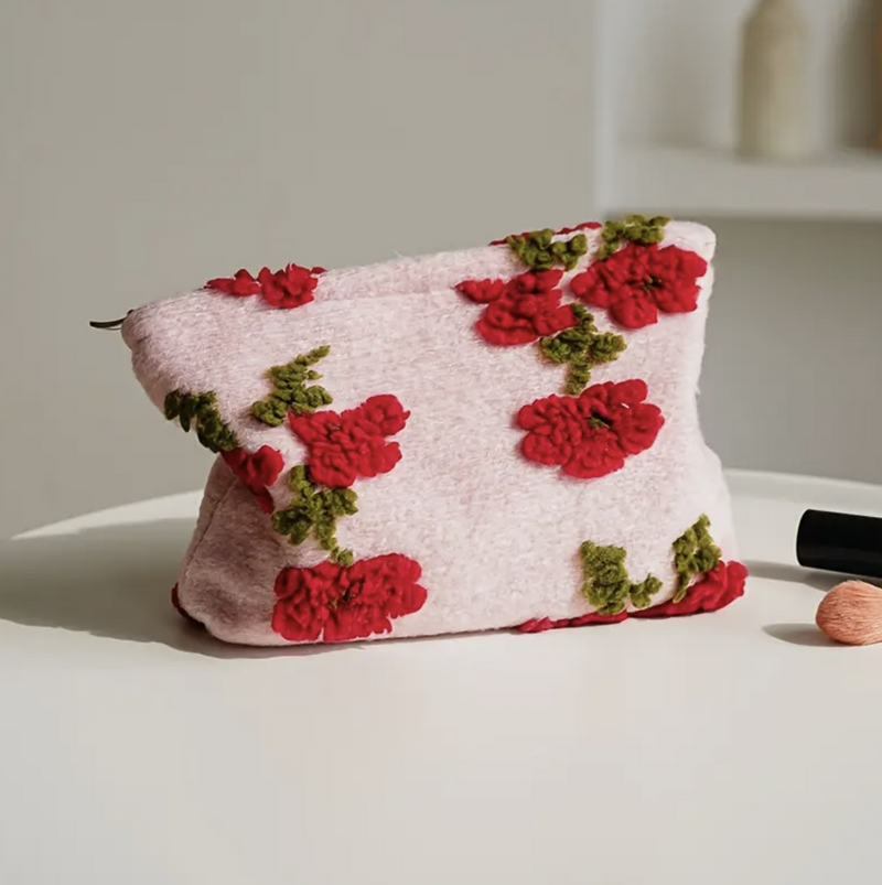 Floral Pattern Plush Fleece Cosmetic Bag