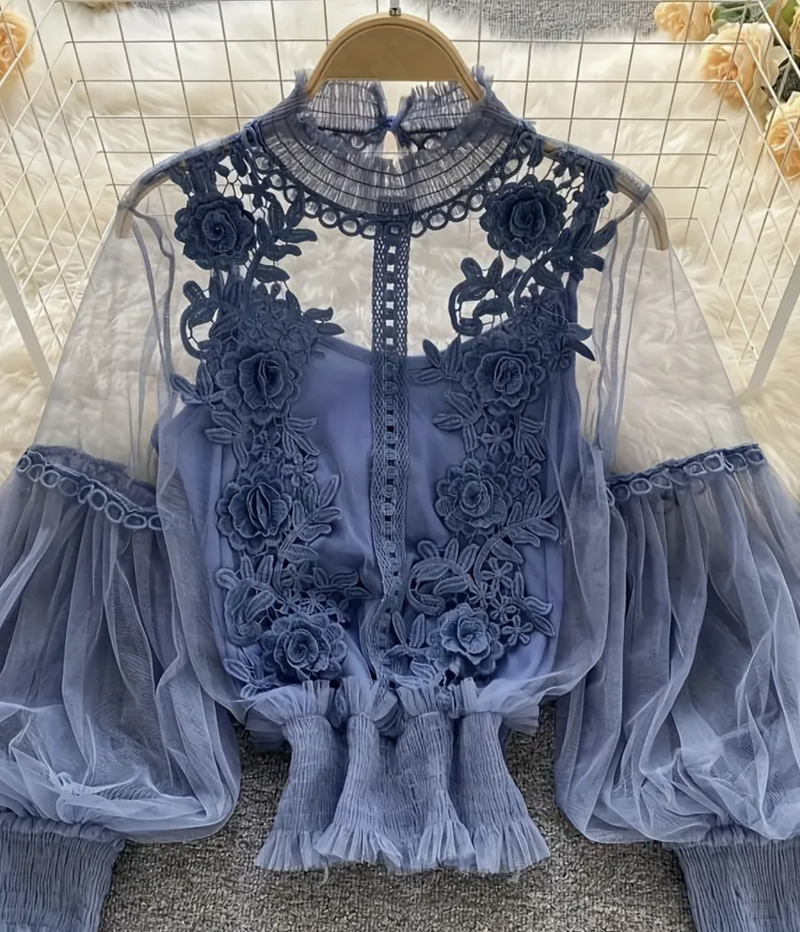 Mock Neck Mesh with Flower Applique Blouse