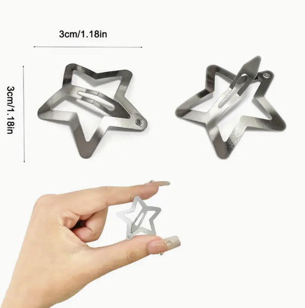 Set of silver star-shaped snap barrettes, styled in different hairstyles for a celestial-inspired look.

