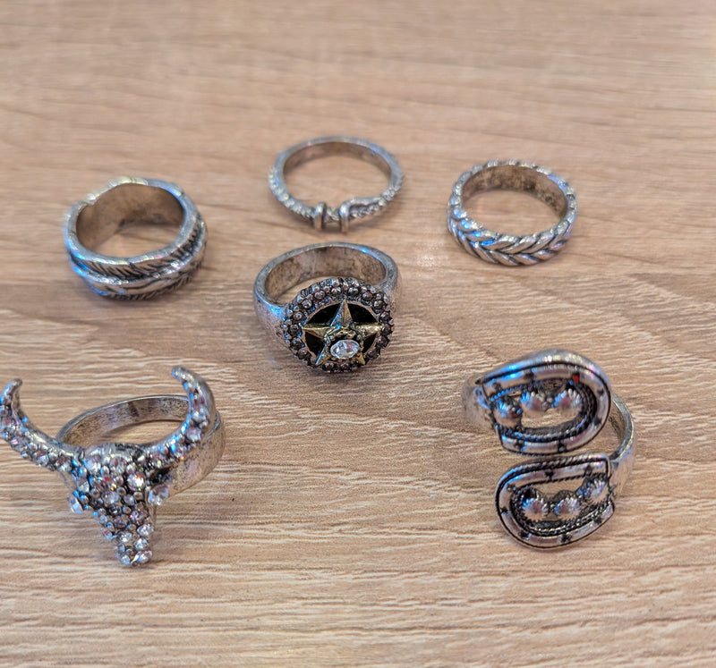 Set of six silver-tone western-themed rings displayed on a wooden surface, featuring designs like steer skull, horseshoe, star, and rope details.