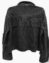 Black cropped western suede jacket with rhinestone-studded shoulders, flap pockets, and fringe detail along the sleeves.