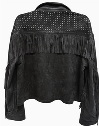 Black cropped western suede jacket with rhinestone-studded shoulders, flap pockets, and fringe detail along the sleeves.