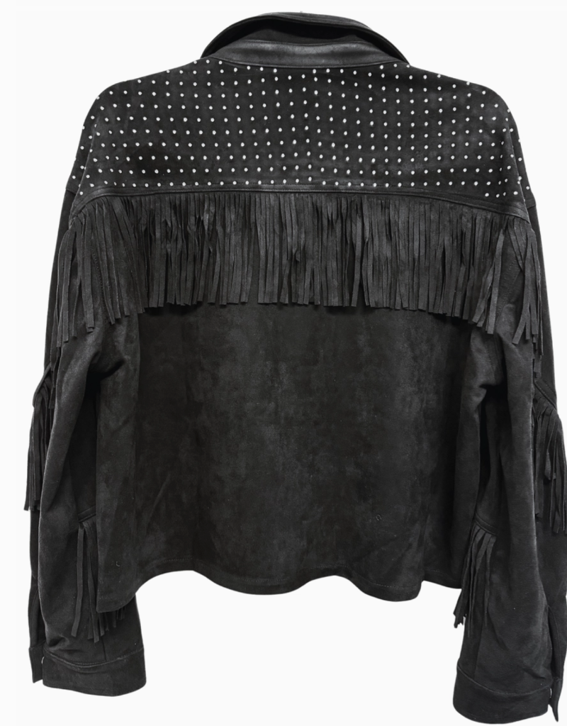 Black cropped western suede jacket with rhinestone-studded shoulders, flap pockets, and fringe detail along the sleeves.