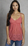Coral pink eyelet cami with scalloped hem, adjustable straps, and smocked back detail.

