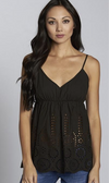 Black eyelet cami with scalloped hem, adjustable straps, and smocked back detail.