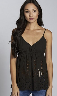 Black eyelet cami with scalloped hem, adjustable straps, and smocked back detail.