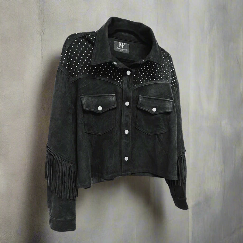 Black cropped western suede jacket with rhinestone-studded shoulders, flap pockets, and fringe detail along the sleeves.