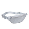 A silver woven neoprene belt bag, featuring an adjustable strap and sleek, modern design for hands-free convenience.