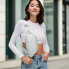 A silver woven neoprene belt bag worn across the chest, featuring an adjustable strap and sleek, modern design for hands-free convenience.
