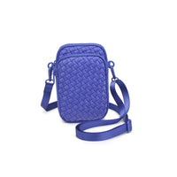 A stylish woven neoprene crossbody bag in a vibrant blue shade, featuring a compact design with multiple zippered compartments and an adjustable strap in a white background