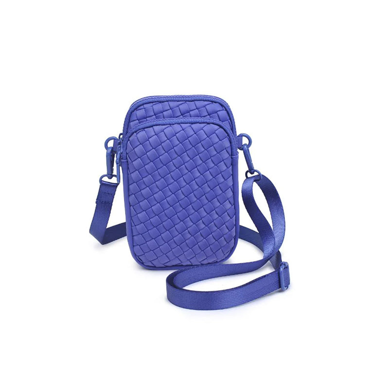 A stylish woven neoprene crossbody bag in a vibrant blue shade, featuring a compact design with multiple zippered compartments and an adjustable strap in a white background