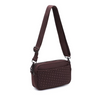 A sleek chocolate woven neoprene crossbody bag with an adjustable strap, styled for a casual yet chic look.

