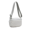 A sleek bone color woven neoprene crossbody bag with an adjustable strap, styled for a casual yet chic look.

