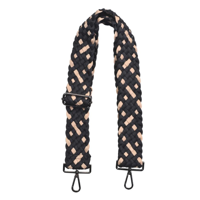 A black and beige woven neoprene shoulder strap with adjustable length and metal clasps, designed to upgrade handbags or crossbody bags