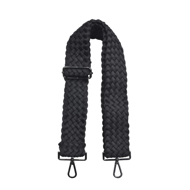 A black woven neoprene shoulder strap with adjustable length and metal clasps, designed to upgrade handbags or crossbody bags.