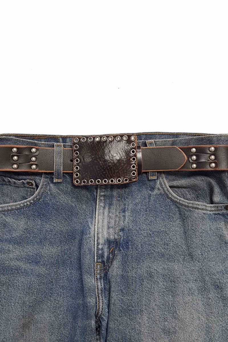 Vintage Black Grommet Genuine Leather Covered Buckle