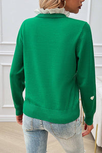 Emerald Heart Sweater with Ruffled Collar