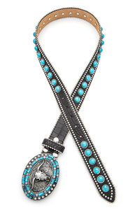 Long Horn Buckle Turquoise Pave Stone Western Belt