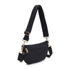 Eco-friendly woven crossbody bag made from recycled materials, featuring an adjustable strap and secure zipper compartments for hands-free convenience.