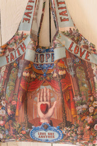 Love Language Heart and Floral Print Linen Tote Bag