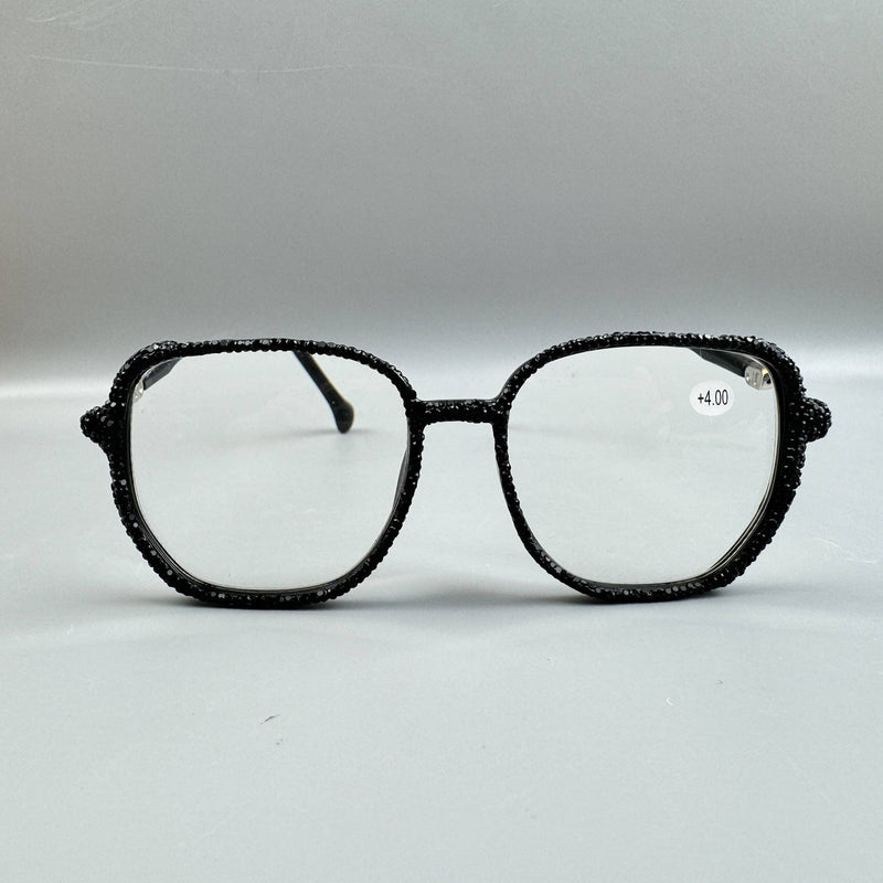 Black Rhinestone Handmade Large Frame Round Reader Glasses