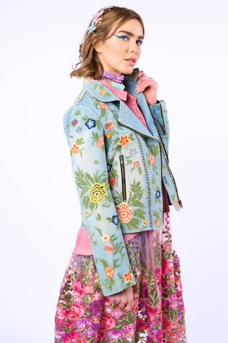 Lucinda Embroidered Denim Motorcycle Jacket
