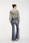 Cropped Mesh Covered Hoody Puff Sleeve - Checkered