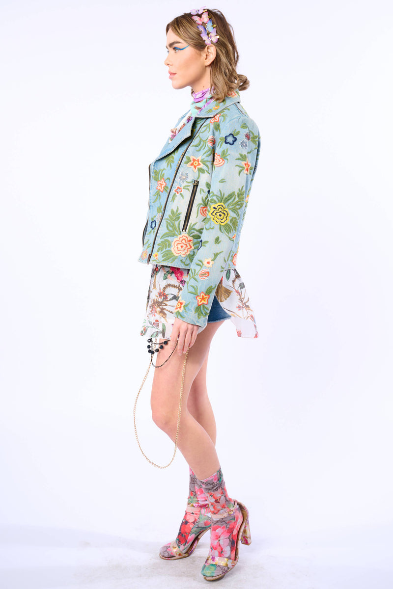 Lucinda Embroidered Denim Motorcycle Jacket