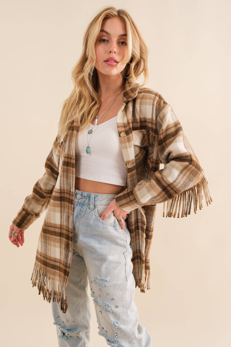 Plaid Fringe Bottom Fleece Jacket