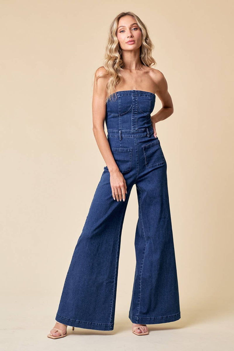 Strapless Wide Leg Jumpsuit Over-alls