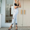 High Rise Crop Straight Leg Distressed Jean with Frayed Hem