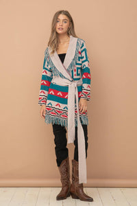 Aztec Fringe Western Tie Cardigan Sweater