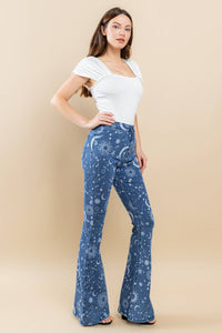 Super Stretchy Star & Sun Printed Flare Jeans