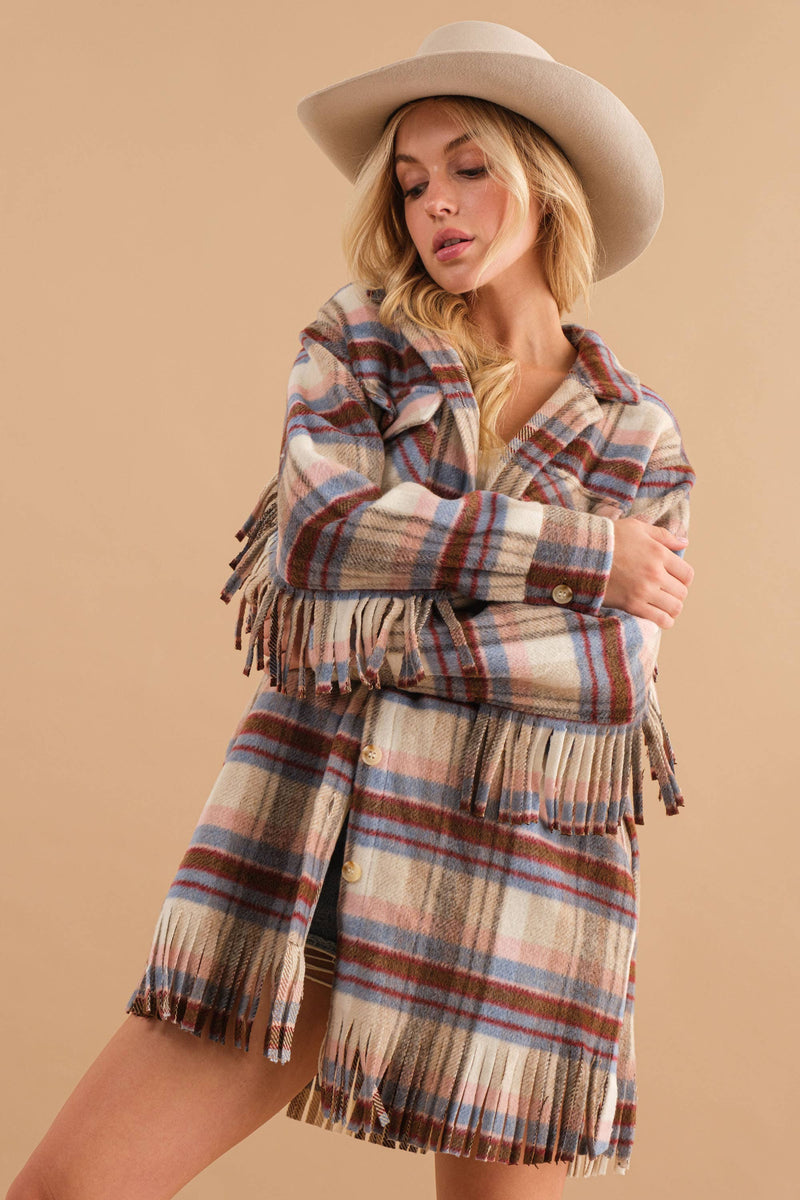 Plaid Fringe Bottom Fleece Jacket