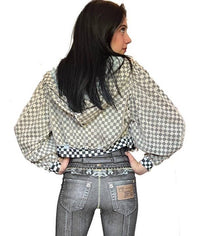 Cropped Mesh Covered Hoody Puff Sleeve - Checkered