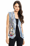 Denim Trim Floral Embroidered Vest