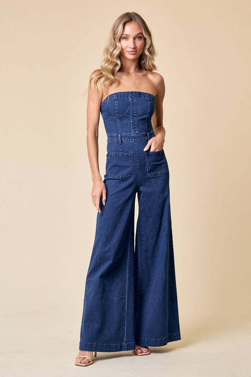 Strapless Wide Leg Jumpsuit Over-alls