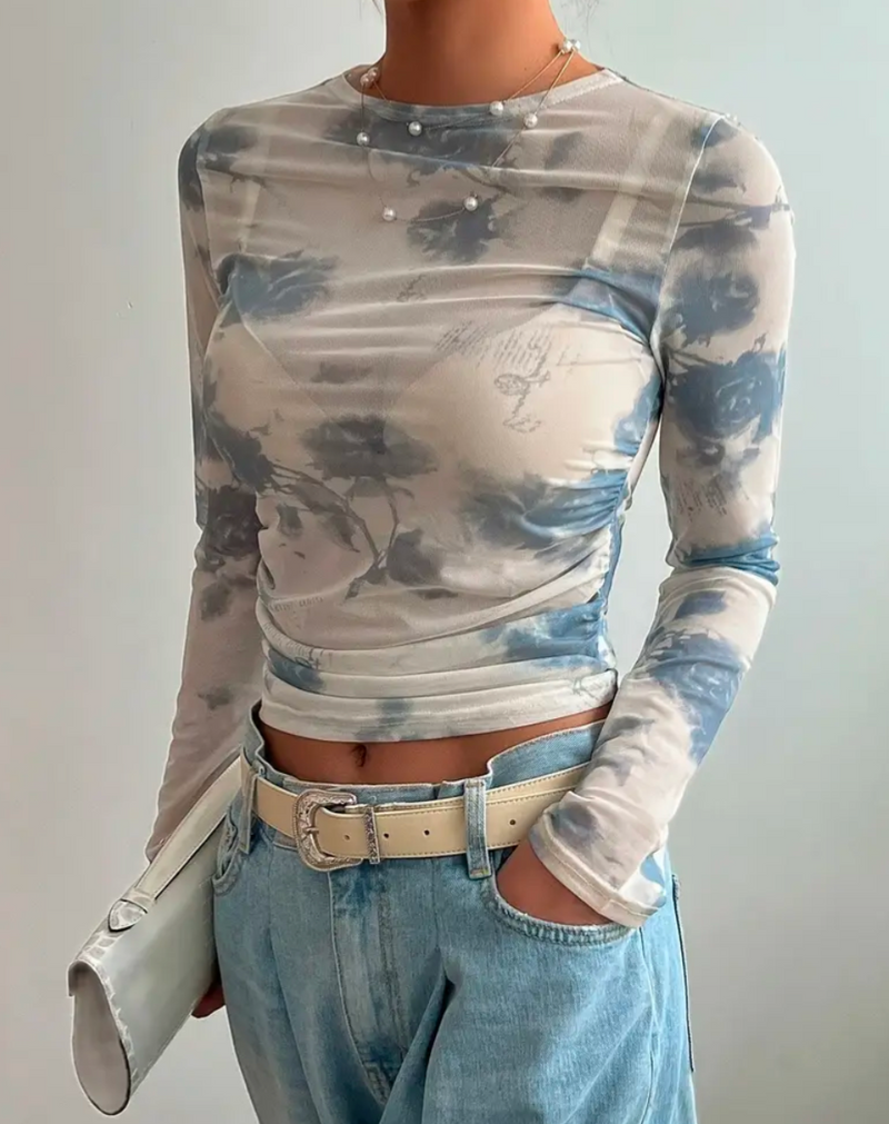 Mesh LS Crew Fitted Top with Blue Clouds